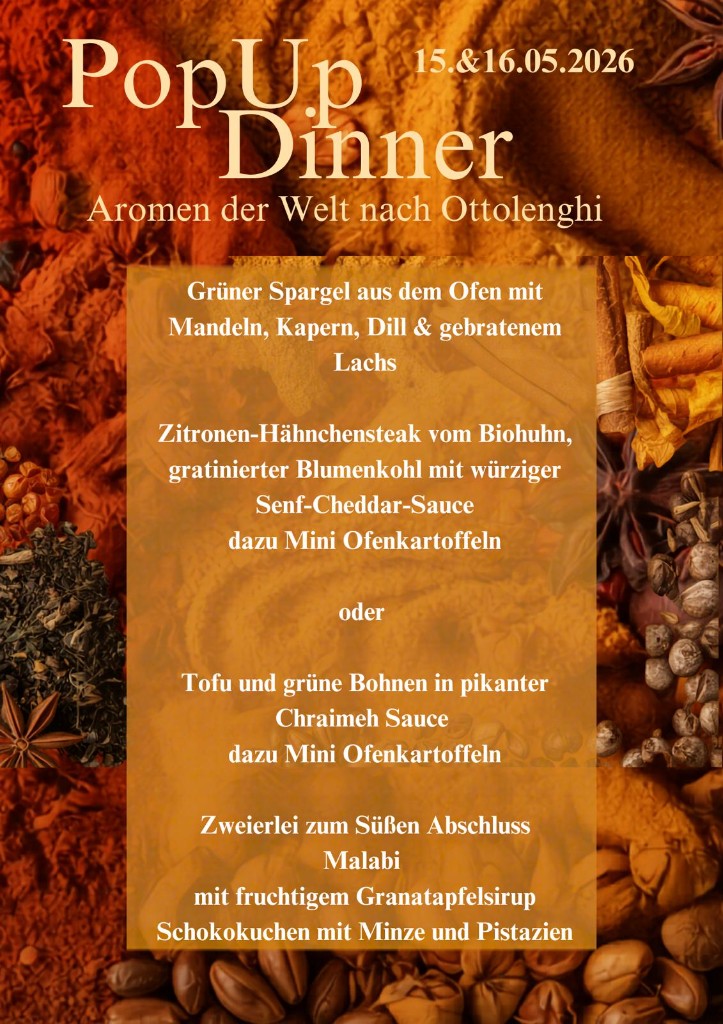 Flyer: Pop-up Dinner „Aromen der Welt“ nach Ottolenghi (15. & 16.05.2026)